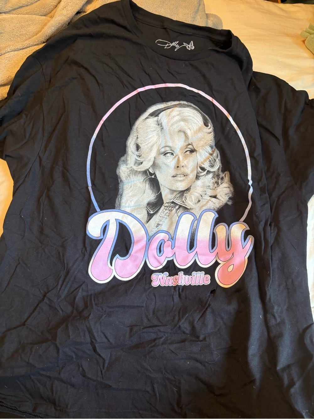 Dolly Black Tee with White Logo and Butterfly
